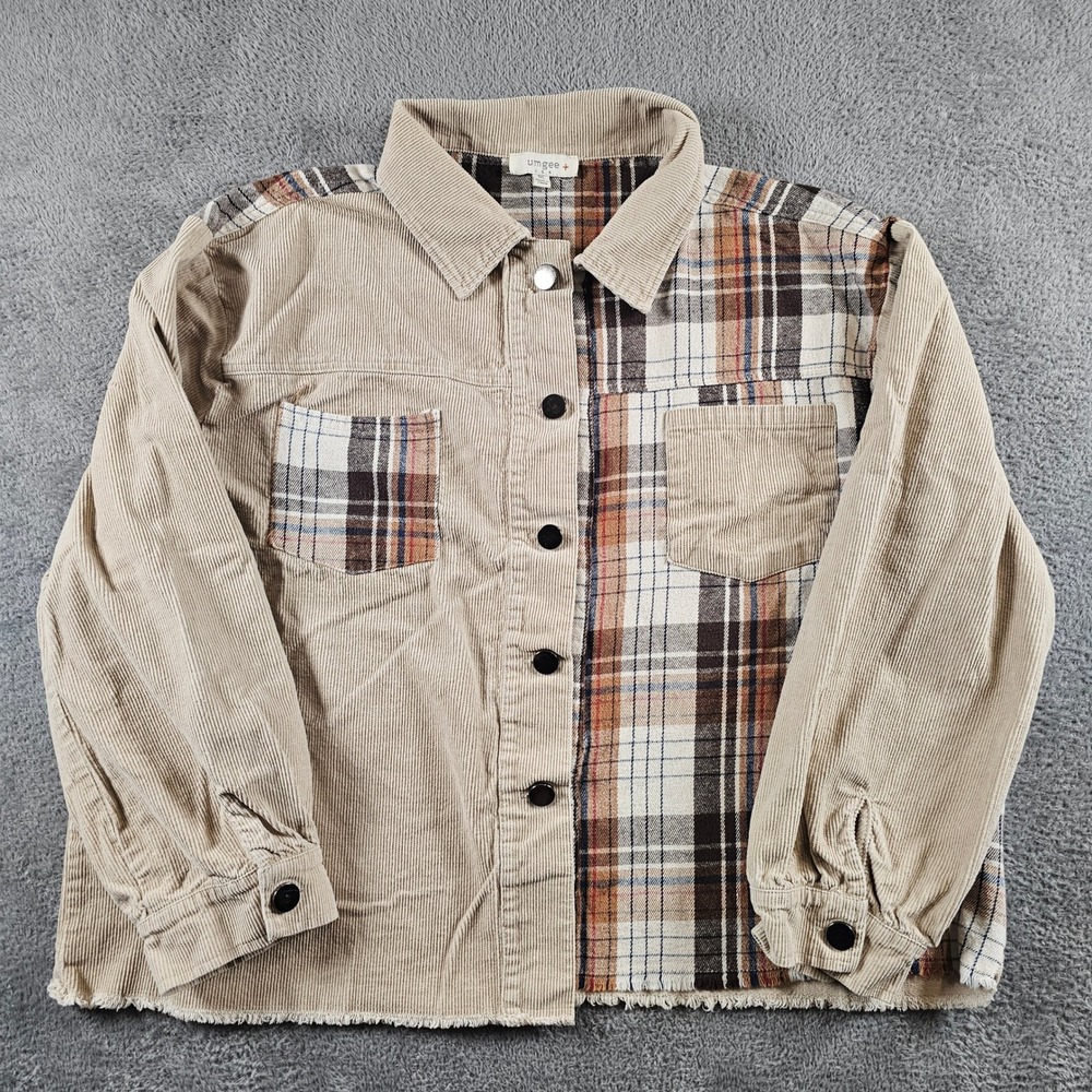 Umgee Womens Plaid Corduroy Patchwork Shacket Tan Brown 1XL
